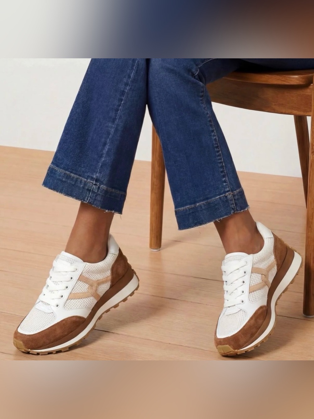 Veronica Beard White and Brown Mixed-Material Sneakers
